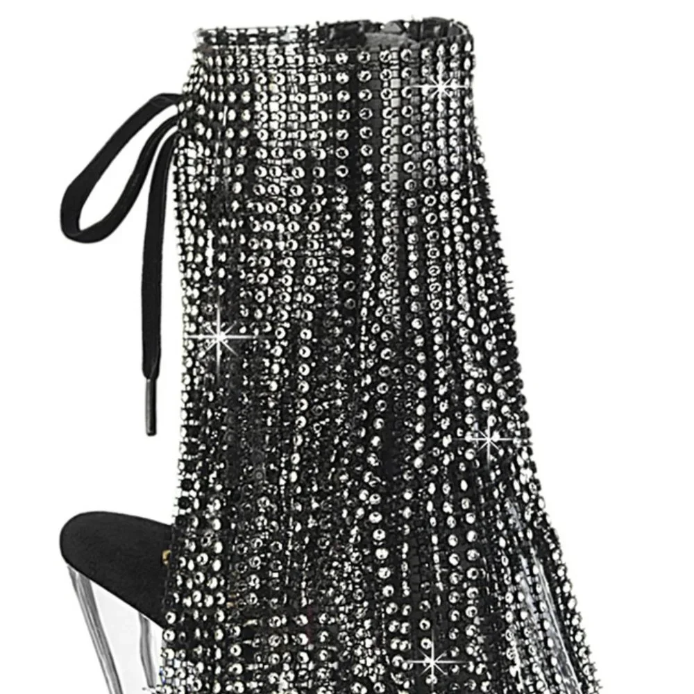 Platform Rhinestone Fringe Lace Up Ankle Boots - Picture 3 of 4